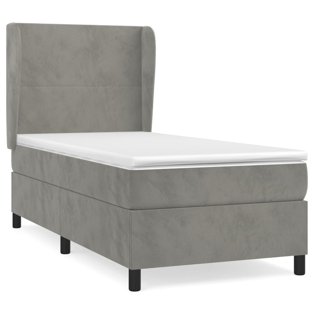 Cama box spring con colchón terciopelo gris claro 100x200 cm diseño plano