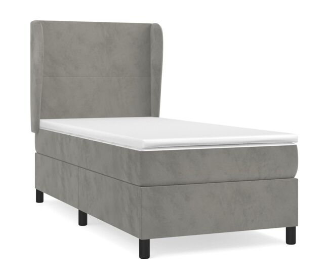 Cama box spring con colchón terciopelo gris claro 100x200 cm diseño plano