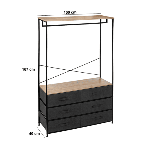 Camarim Tissa com 6 gavetas e 1 varão para cabides, carvalho claro e cinza escuro, aço, 100x167 cm Camarim Tissa com 6 gavetas e 1 varão para cabides, carvalho claro e cinza escuro, aço, 100x167 cm