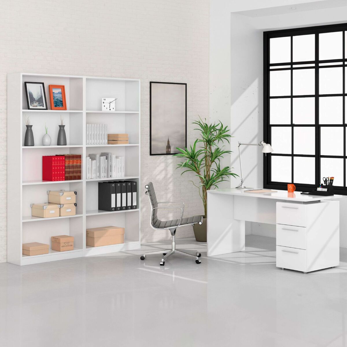 Pack de oficina despacho estilo contemporáneo en color blanco con 2 estanterías y 1 escritorio