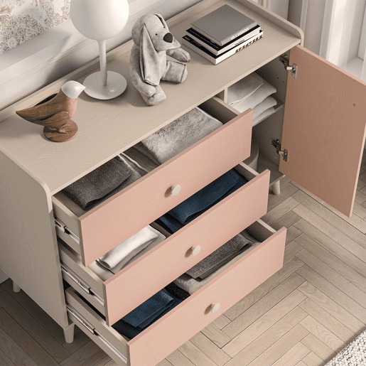 Cómoda 1 porta 3 gavetas Alycia Bege e Rosa