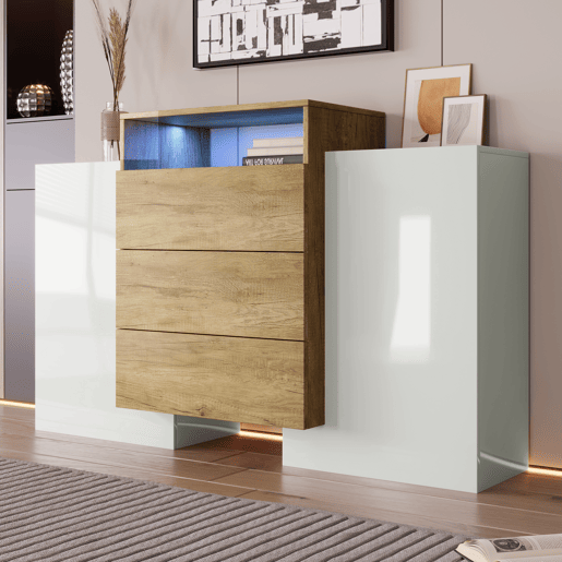 Aparador baixo com LED - 2 portas 3 gavetas - natural e branco
