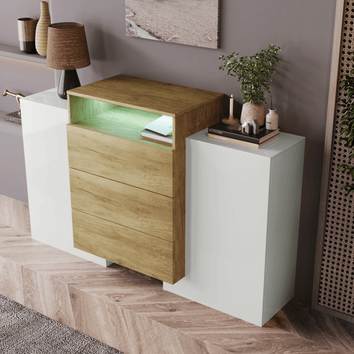 Aparador baixo com LED - 2 portas 3 gavetas - natural e branco