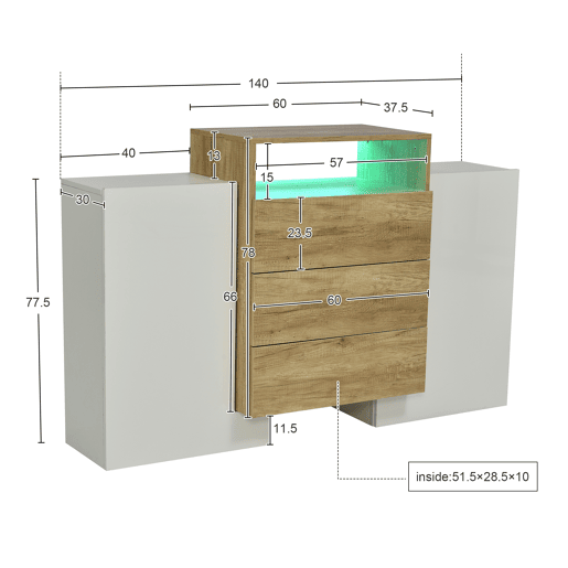 Aparador baixo com LED - 2 portas 3 gavetas - natural e branco