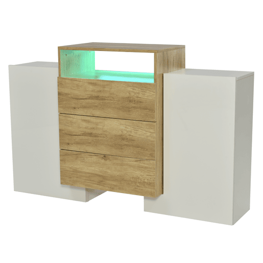 Aparador baixo com LED - 2 portas 3 gavetas - natural e branco