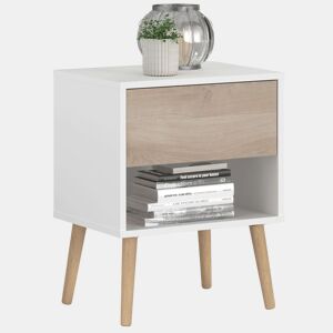Mesa de cabeceira Osaka com 1 gaveta, móvel de quarto, carvalho japonês e branco fosco, 44x56x33 cm