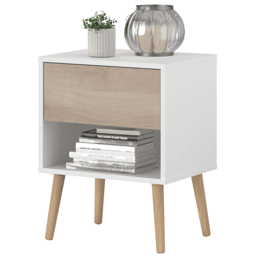 Mesa de cabeceira Osaka com 1 gaveta, móvel de quarto, carvalho japonês e branco fosco, 44x56x33 cm