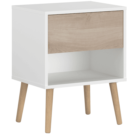 Mesa de cabeceira Osaka com 1 gaveta, móvel de quarto, carvalho japonês e branco fosco, 44x56x33 cm