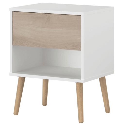 Mesa de cabeceira Osaka com 1 gaveta, móvel de quarto, carvalho japonês e branco fosco, 44x56x33 cm