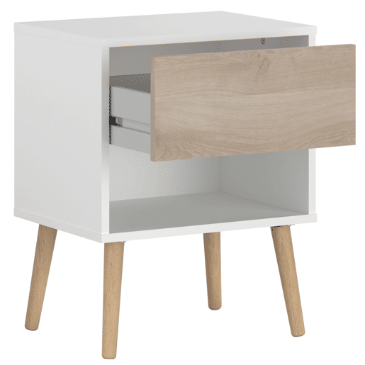 Mesa de cabeceira Osaka com 1 gaveta, móvel de quarto, carvalho japonês e branco fosco, 44x56x33 cm