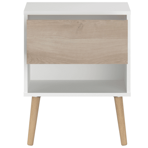 Mesa de cabeceira Osaka com 1 gaveta, móvel de quarto, carvalho japonês e branco fosco, 44x56x33 cm
