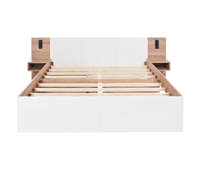 Cama doble 140x200 cm en madera - con 2 mesitas de noche y 2 cajones - 2 luces de lectura giratorias con toma usb - blanco y natural (colchón no