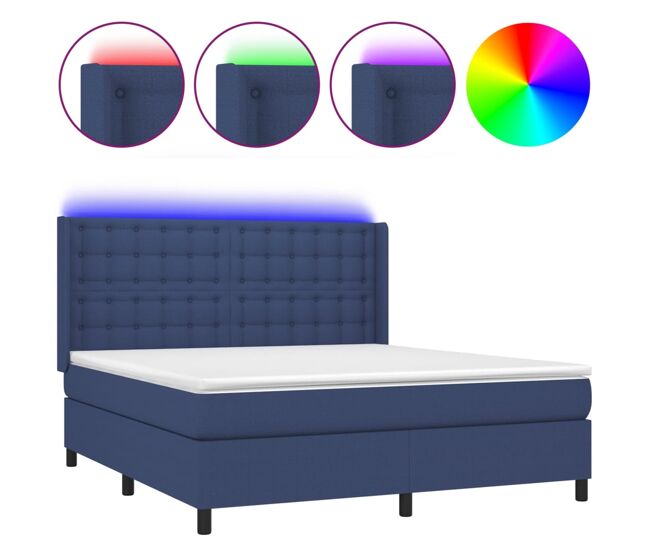 Cama box spring colchón y luces led tela azul 160x200 cm botones