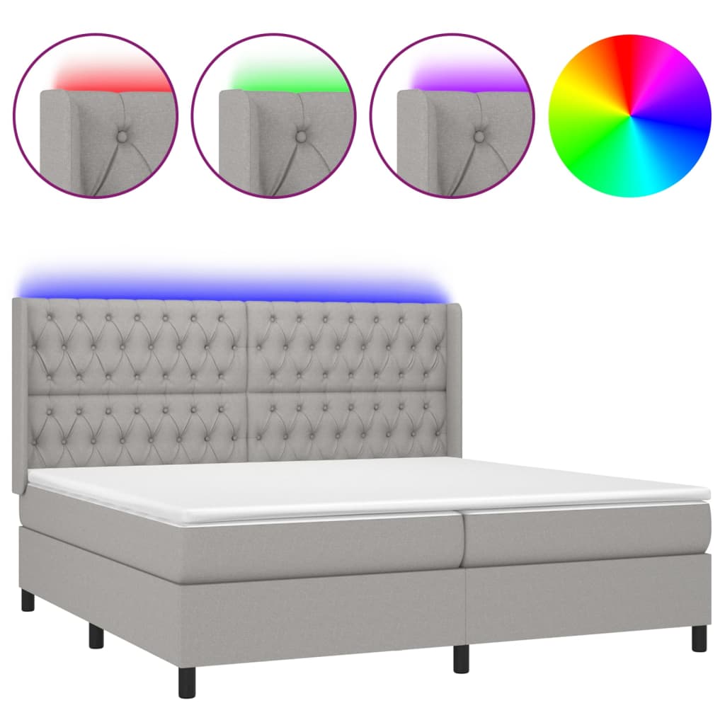 Cama box spring con colchón tela y led gris claro 200x200 cm diseño de botones