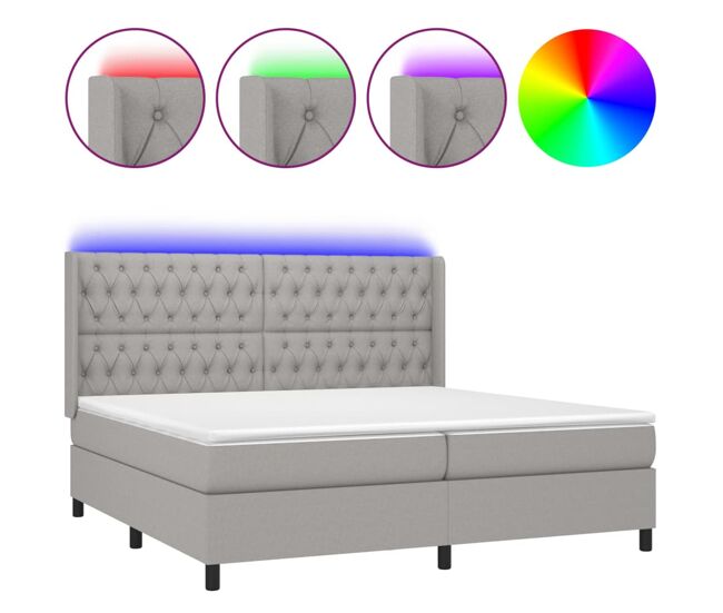 Cama box spring con colchón tela y led gris claro 200x200 cm diseño de botones