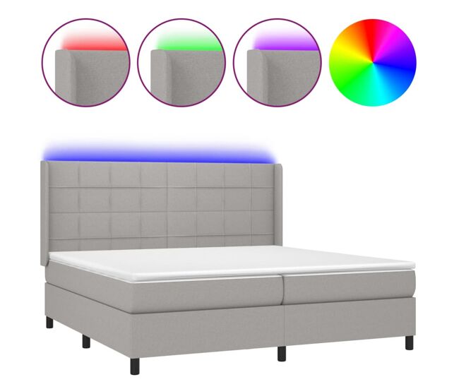 Cama box spring con colchón tela y led gris claro 200x200 cm bloques con cuadros