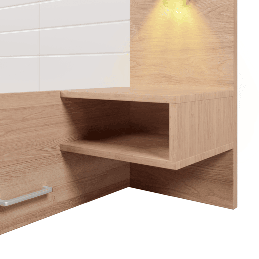 Cama de casal 160x200 cm em madeira - com 2 mesas de cabeceira e 2 gavetas - 2 luzes de leitura giratórias com tomada USB - Branco e Natural (colchão não incluído)