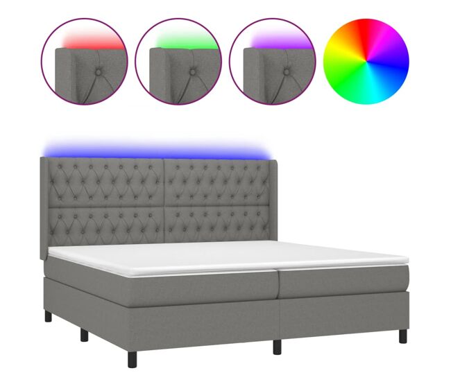 Cama box spring colchón y luces led tela gris claro 200x200 cm diseño de botones