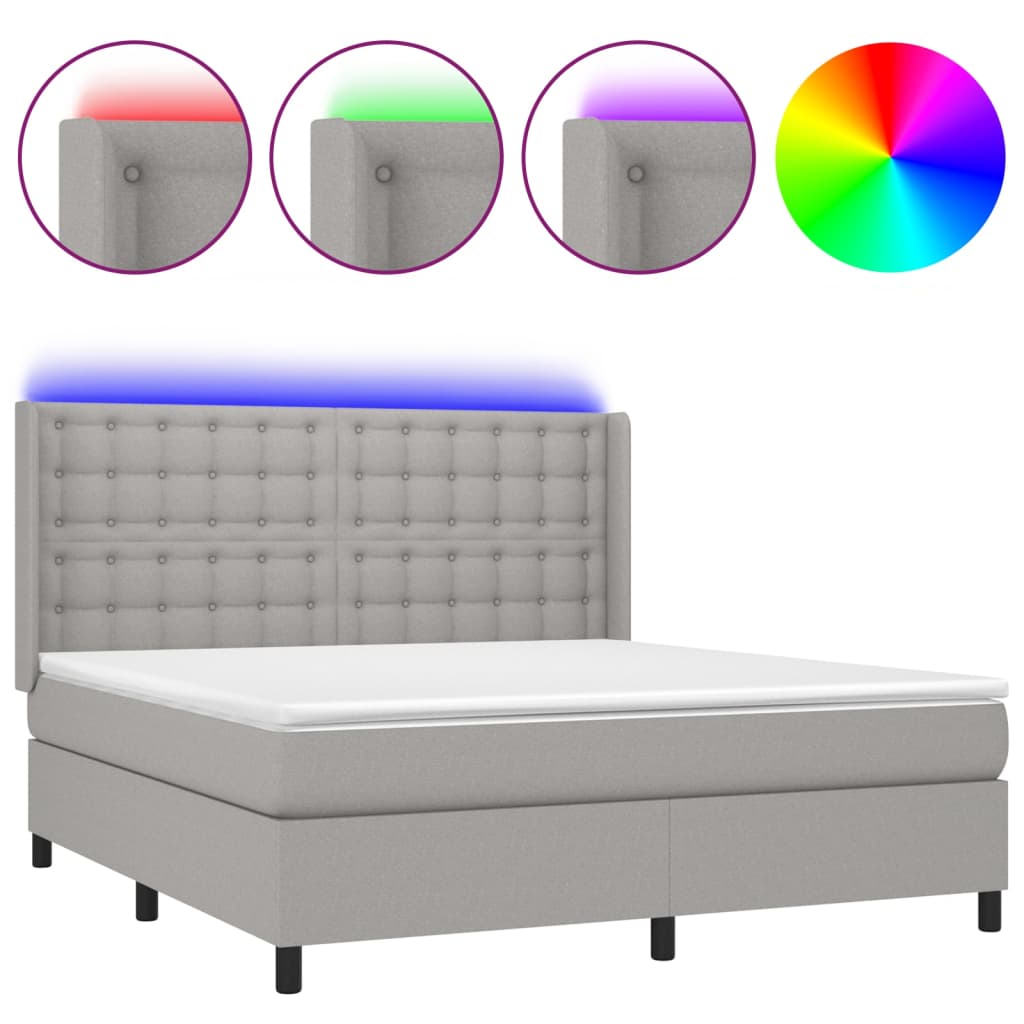 Cama box spring colchón y luces led tela gris claro 160x200 cm botones