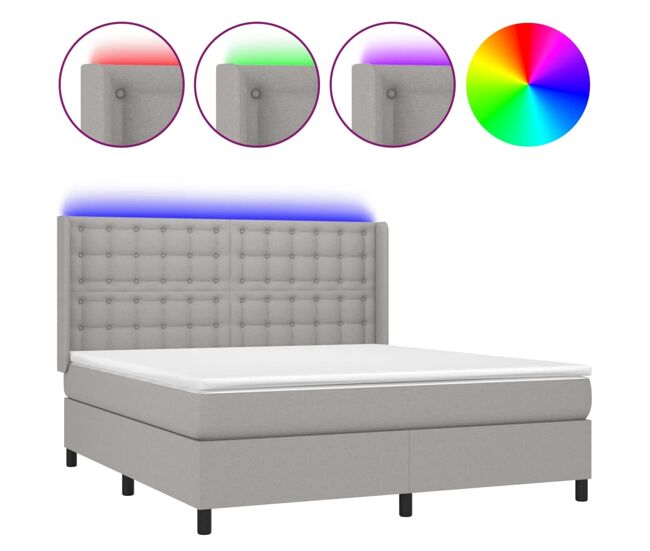 Cama box spring colchón y luces led tela gris claro 160x200 cm botones