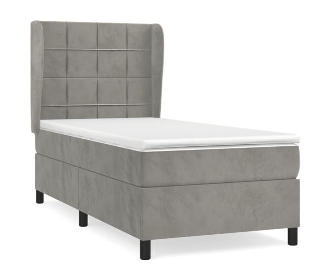 Cama box spring con colchón terciopelo gris claro 90x190 cm bloques con cuadros