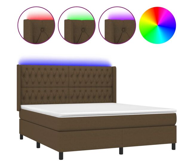 Cama box spring colchón luces led tela marrón oscuro 180x200cm diseño de botones