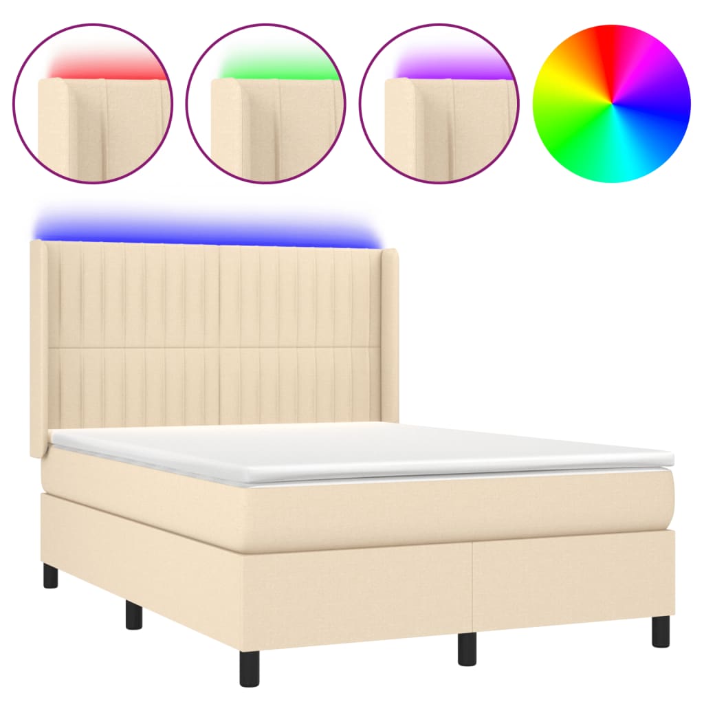 Cama box spring colchón y luces led tela crema 140x200 cm rayas verticales
