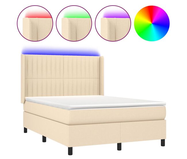 Cama box spring colchón y luces led tela crema 140x200 cm rayas verticales