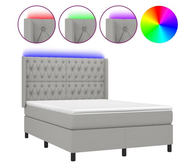 Cama box spring colchón y luces led tela gris claro 140x190 cm diseño de botones