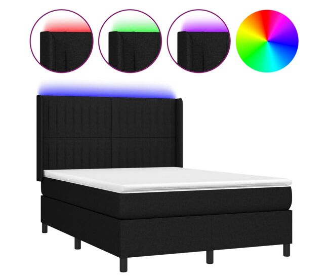 Cama box spring colchón y luces led tela negro 140x200 cm rayas verticales