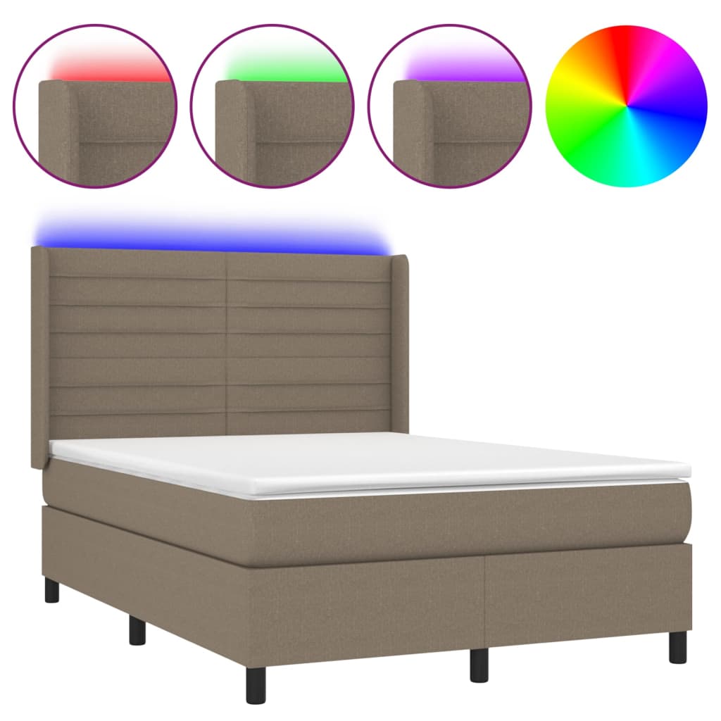 Cama box spring colchón y luces led tela gris taupe 140x200 cm rayas horizontales