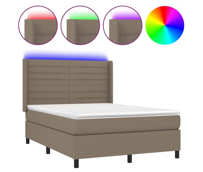 Cama box spring colchón y luces led tela gris taupe 140x200 cm rayas horizontales
