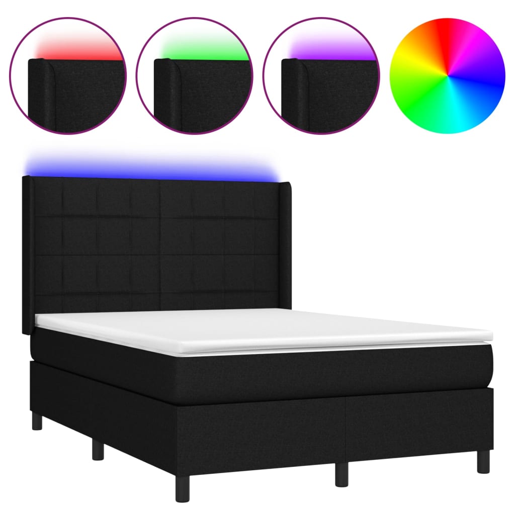 Cama box spring colchón y luces led tela negro 140x190 cm bloques con cuadros