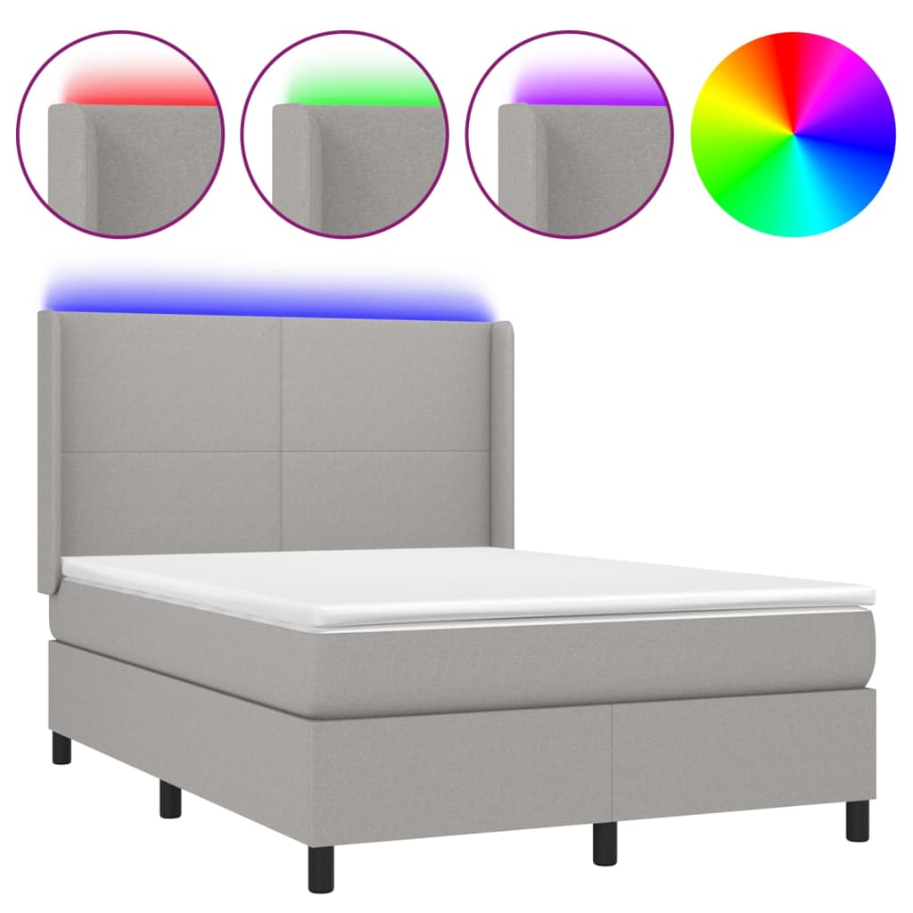 Cama box spring colchón y luces led tela gris claro 140x200 cm diseño plano