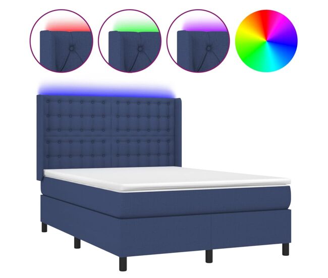 Cama box spring colchón y luces led tela azul 140x200 cm botones