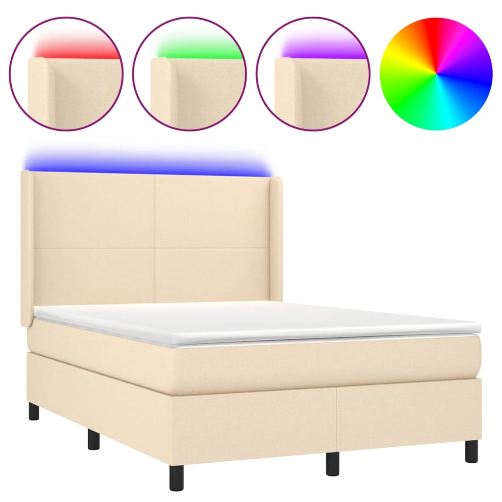 Cama box spring colchón y luces led tela crema 140x200 cm diseño plano