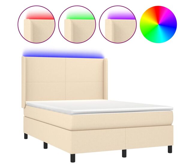 Cama box spring colchón y luces led tela crema 140x200 cm diseño plano