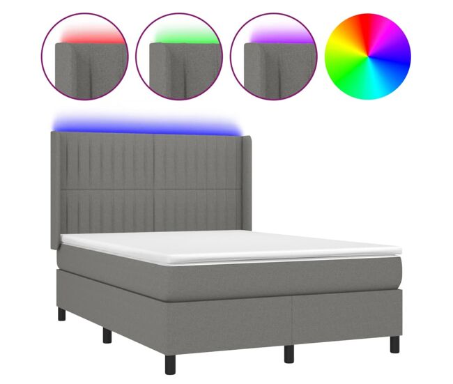 Cama box spring colchón y luces led tela gris oscuro 140x200 cm rayas verticales