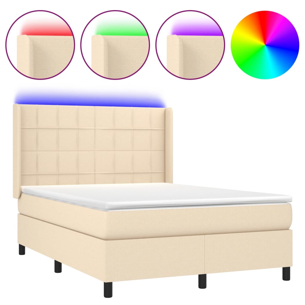 Cama box spring colchón y luces led tela crema 140x190 cm bloques con cuadros
