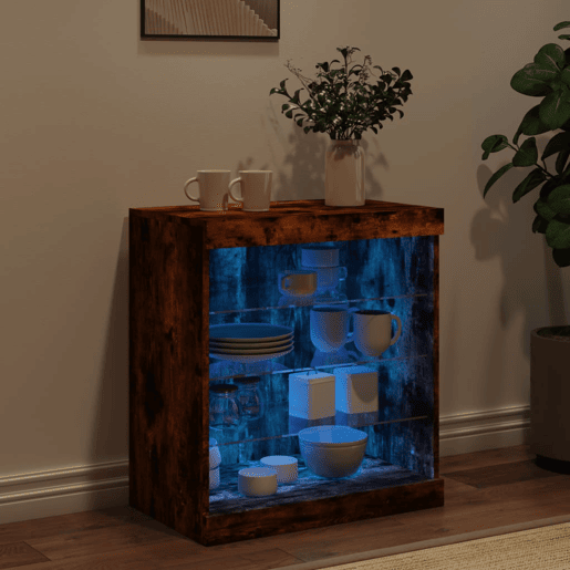 vidaXL Aparador com luzes LED 60,5x37x67 cm carvalho fumado vidaXL Aparador com luzes LED 60,5x37x67 cm carvalho fumado
