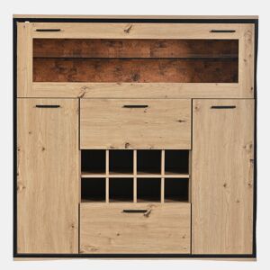 Aparador, Armário para garrafas com LED - 2 portas, 2 gavetas e prateleiras de vidro - Natural