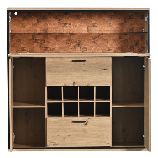 Aparador, Armário para garrafas com LED - 2 portas, 2 gavetas e prateleiras de vidro - Natural