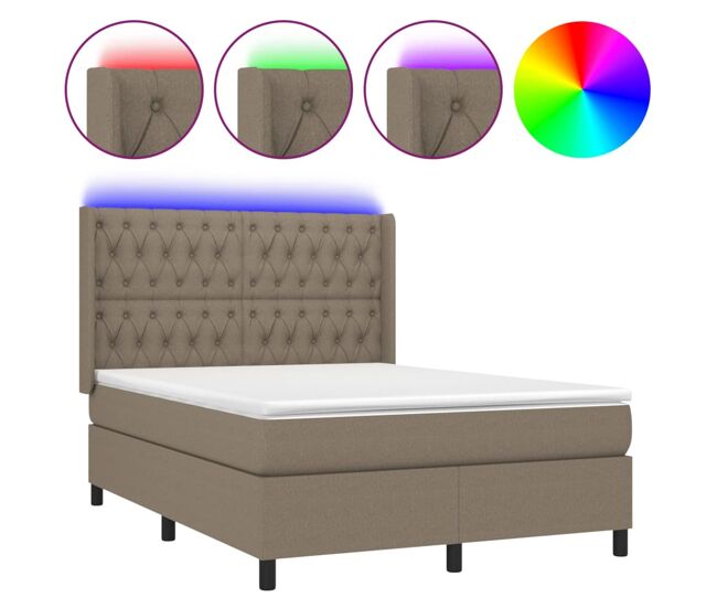 Cama box spring colchón y luces led tela gris taupe 140x200 cm diseño de botones