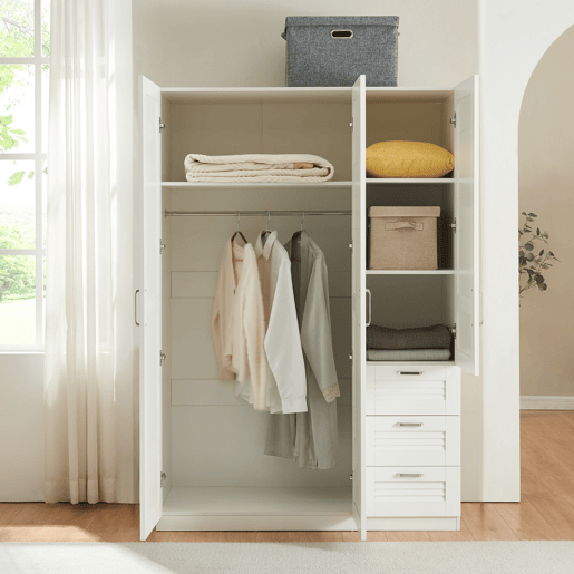 Roupeiro Finning Roupeiro 1 bengaleiro 4 compartimentos 3 gavetas 176x120x52 cm - Branco en.casa