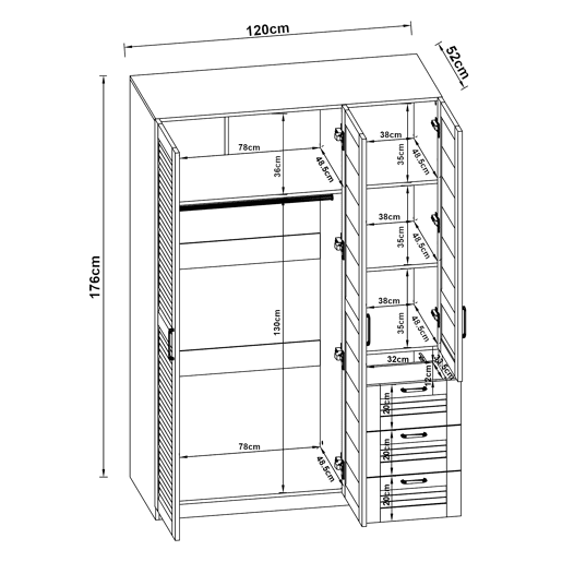 Roupeiro Finning Roupeiro 1 bengaleiro 4 compartimentos 3 gavetas 176x120x52 cm - Branco en.casa
