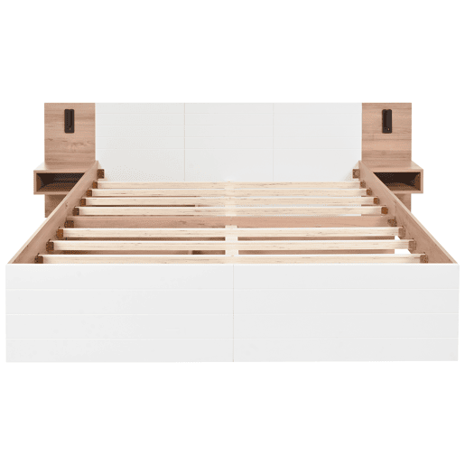 Cama de casal em madeira 180x200 cm - com 2 mesas de cabeceira e 2 gavetas - 2 luzes de leitura giratórias com tomada USB - Branco e Natural (colchão não incluído)