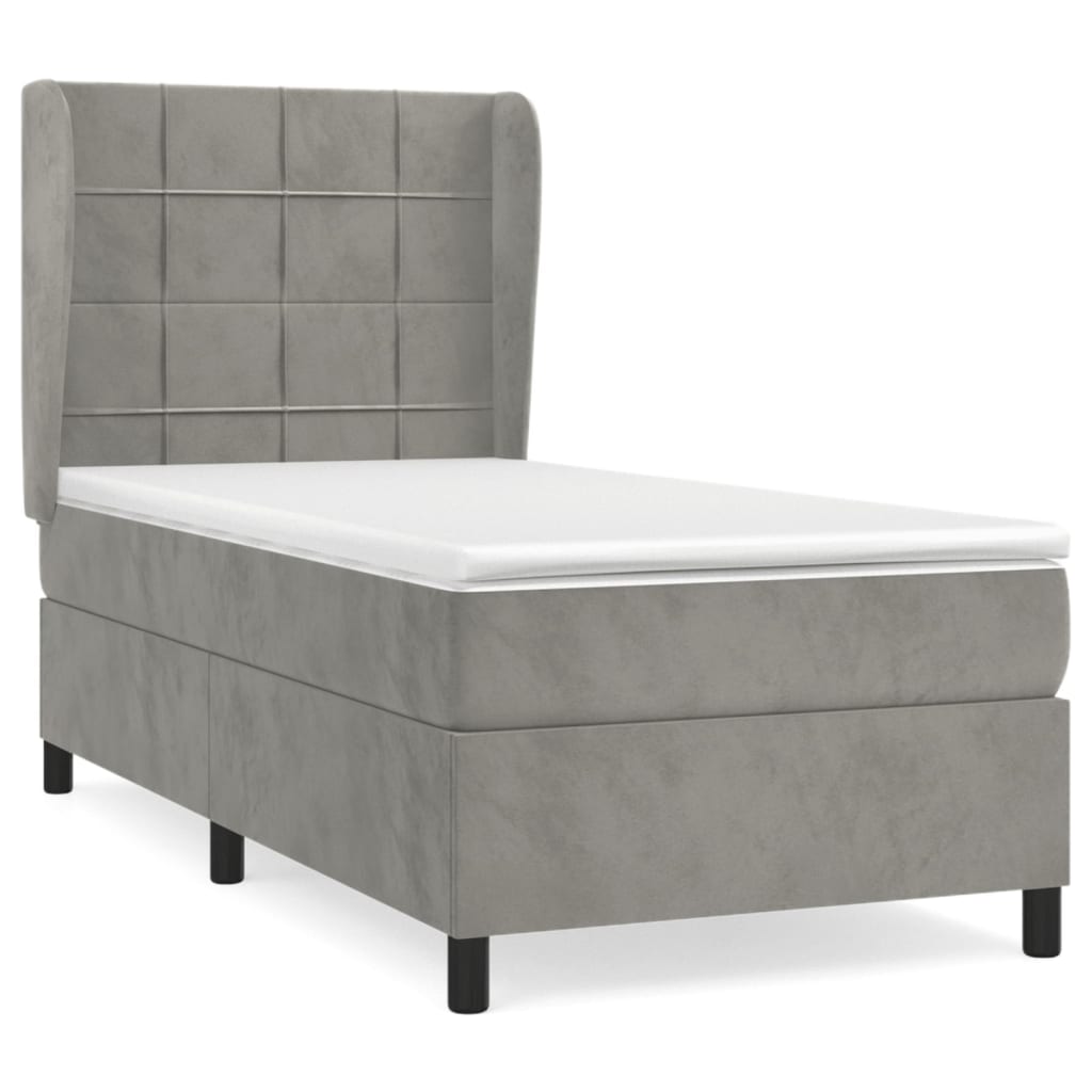 Cama box spring con colchón terciopelo gris claro 80x200 cm bloques con cuadros