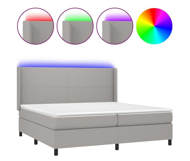 Cama box spring con colchón tela y led gris claro 200x200 cm diseño plano