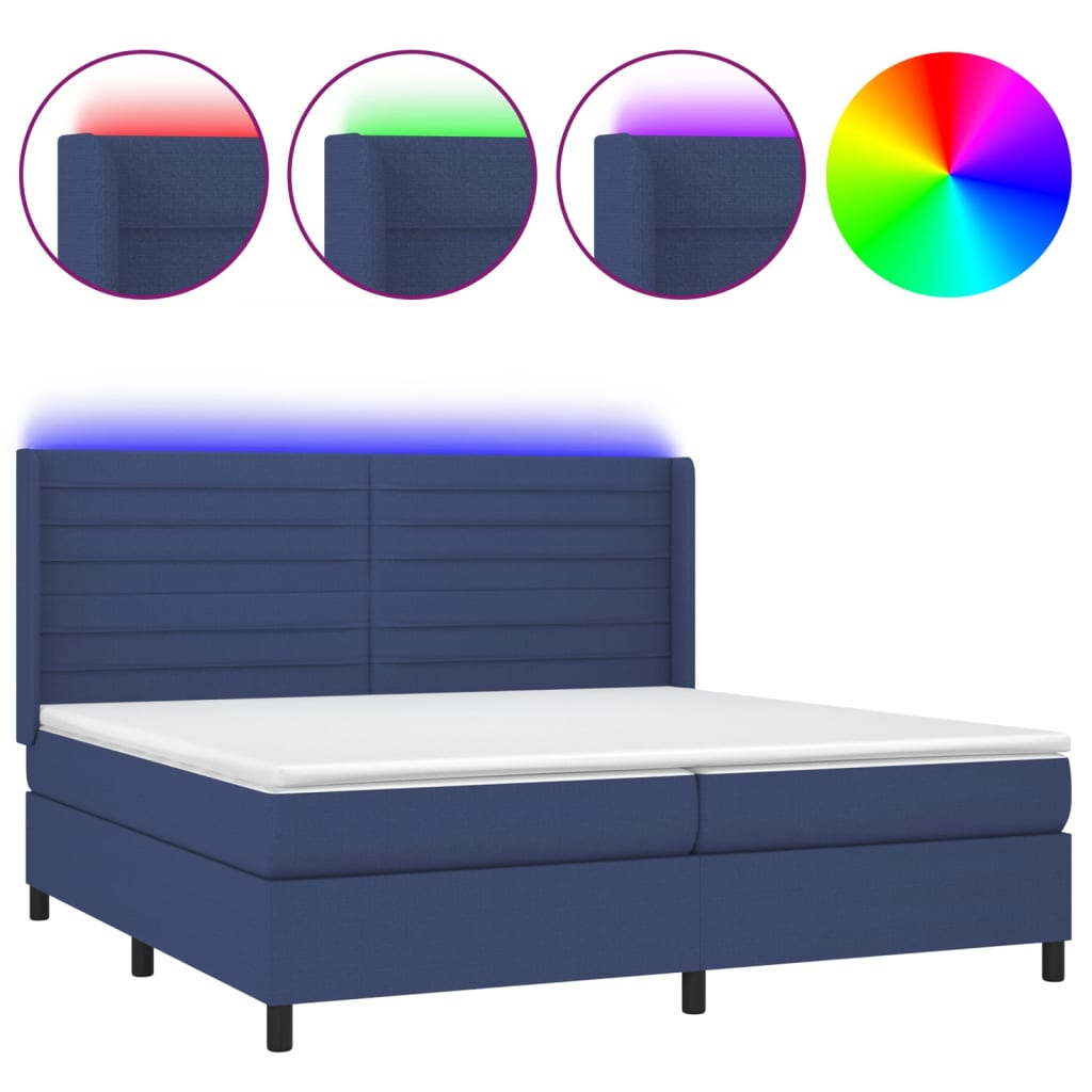cama box spring colchon y luces led tela azul 200x200 cm rayas horizontales