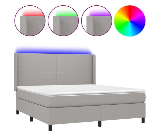 Cama box spring colchón y luces led tela gris claro 180x200 cm diseño plano